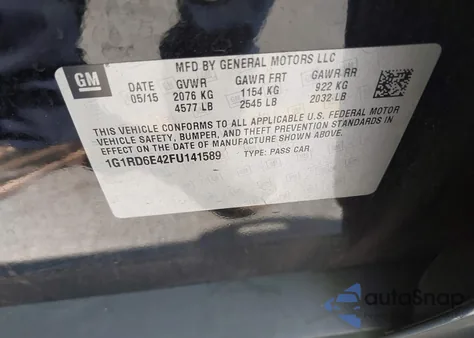 2015 Chevrolet Volt z USA, uszkodzony, nr VIN 1G1RD6E42FU141589